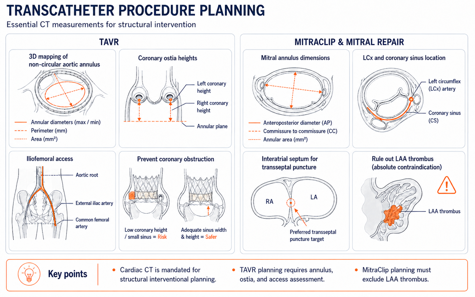 Transcatheter procedure planning — TAVR annulus sizing, coronary ostia heights, iliofemoral access, MitraClip mitral annulus dimensions, transseptal puncture, and LAA thrombus exclusion