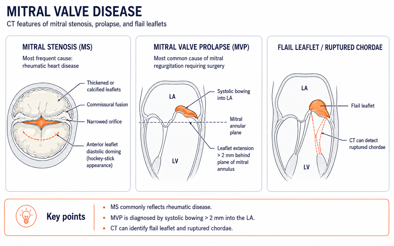 Mitral valve disease on CT — mitral stenosis with thickened calcified leaflets and hockey-stick doming, mitral valve prolapse with systolic bowing into LA, flail leaflet with ruptured chordae