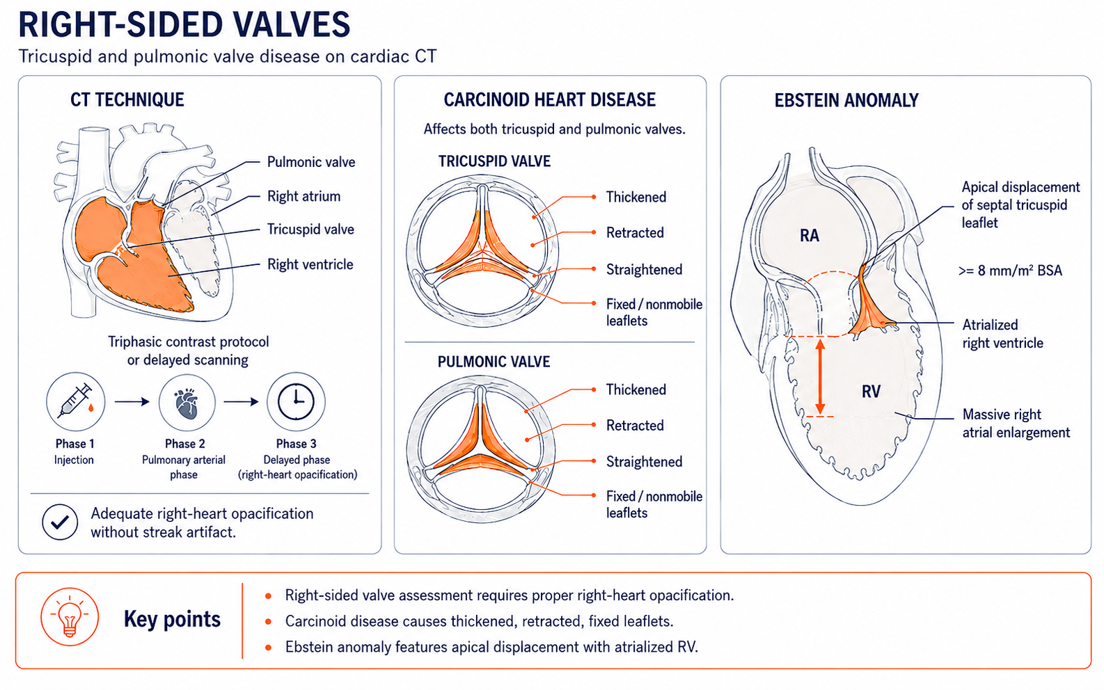 Right-sided valve disease on CT — triphasic protocol, carcinoid heart disease with thickened retracted fixed tricuspid and pulmonic leaflets, Ebstein anomaly with apical displacement of septal leaflet and atrialized right ventricle